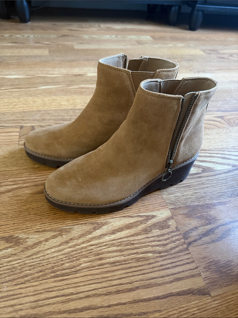 Suede Ankle Booties in Tan - Women's Zip Side Boots